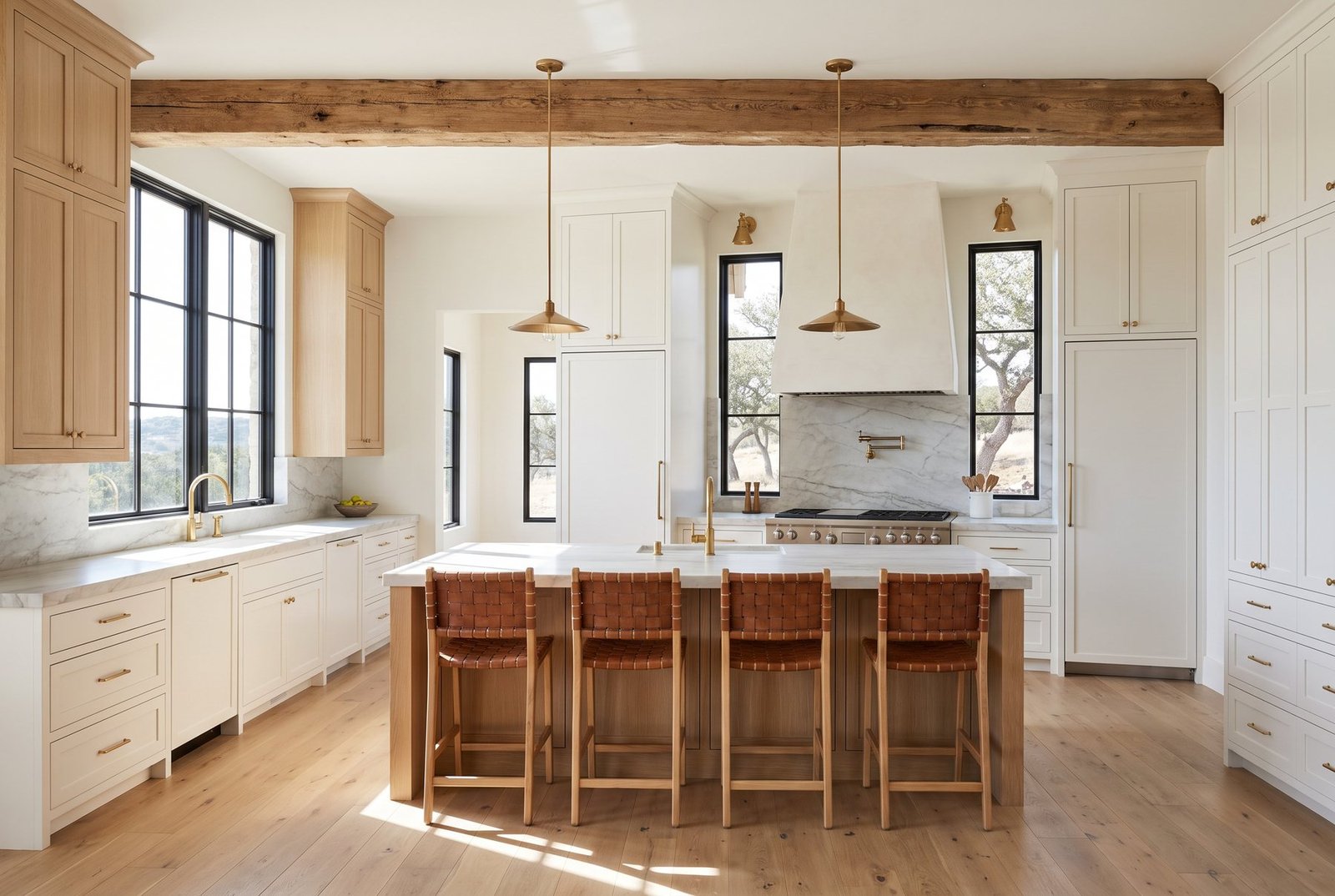Premium kitchen: inset cabinetry, stone counters, cedar beam